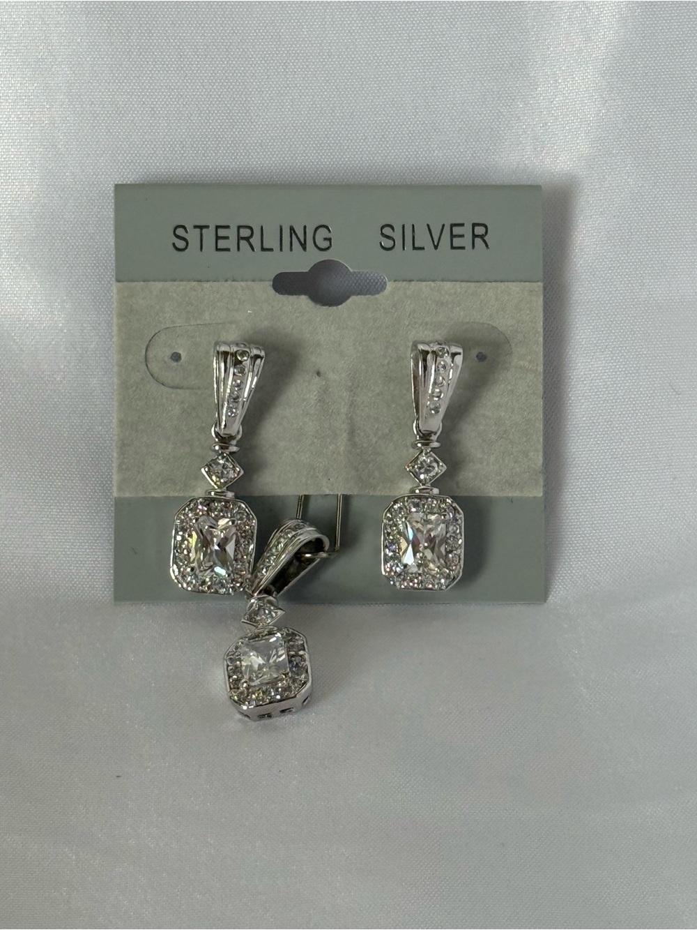 Sterling Silver Cubic Zirconia Drop Earrings and Pendant Set - Silver
